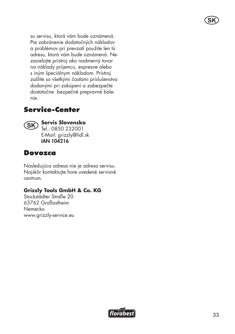 Service-center, Dovozca | Florabest FHM 38 A1 User Manual | Page 33 / 46