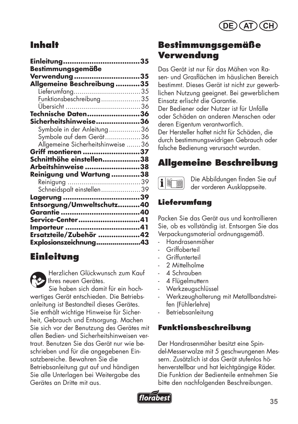 Inhalt, Einleitung, Bestimmungsgemäße verwendung | Allgemeine beschreibung, De at ch | Florabest FHM 38 A1 User Manual | Page 35 / 46