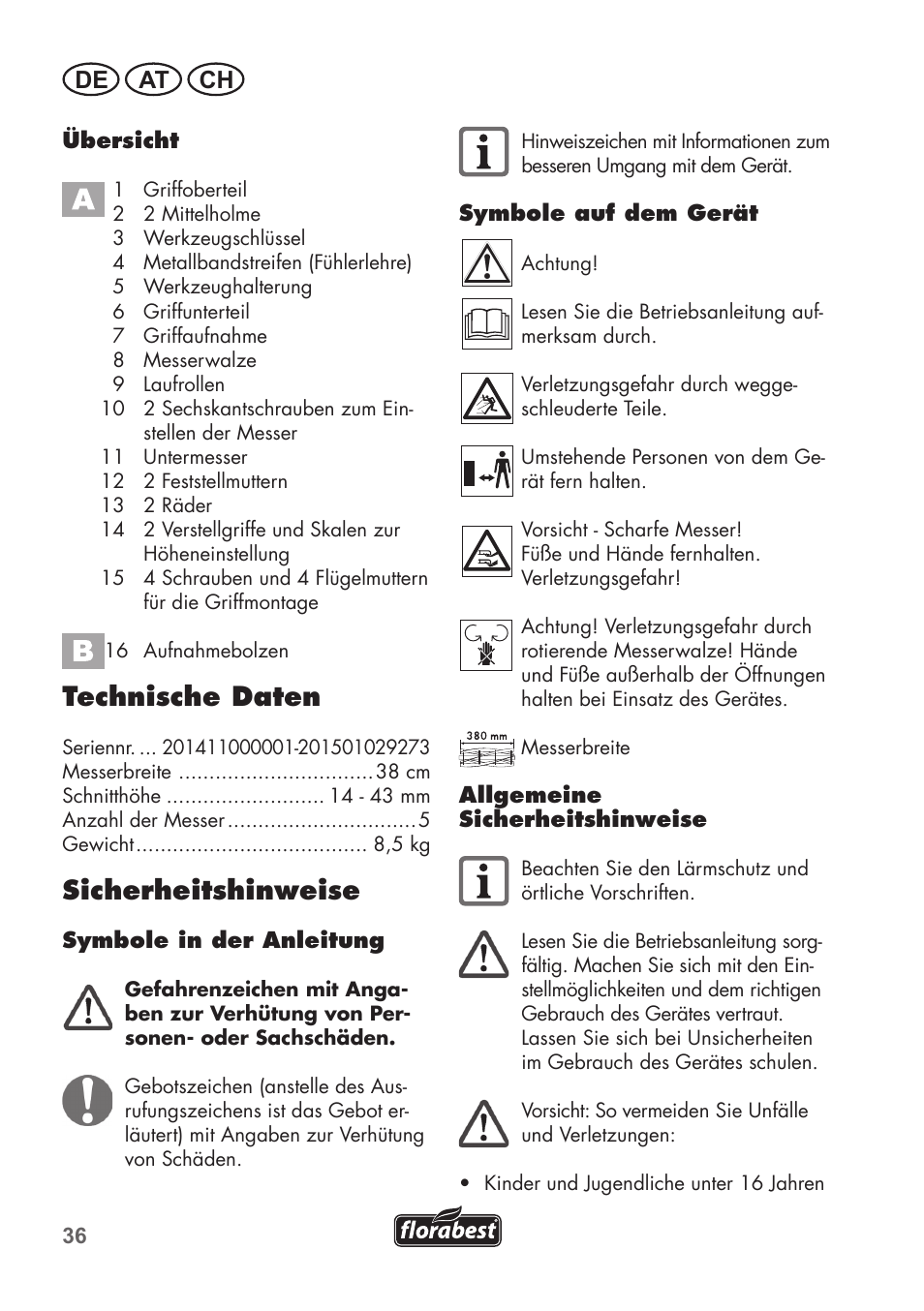 Technische daten, Sicherheitshinweise, De at ch | Florabest FHM 38 A1 User Manual | Page 36 / 46