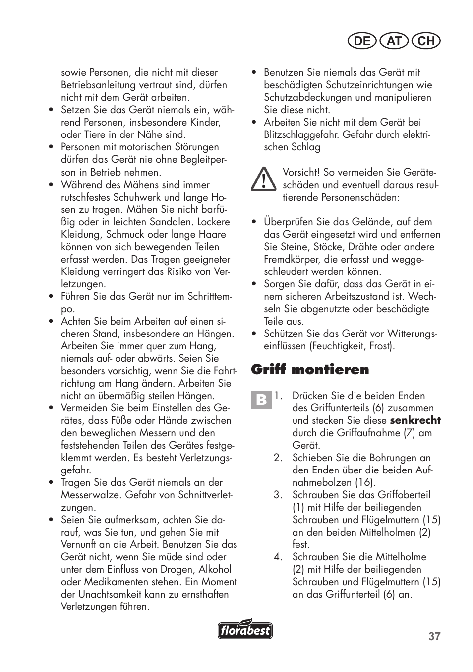 Griff montieren, De at ch | Florabest FHM 38 A1 User Manual | Page 37 / 46