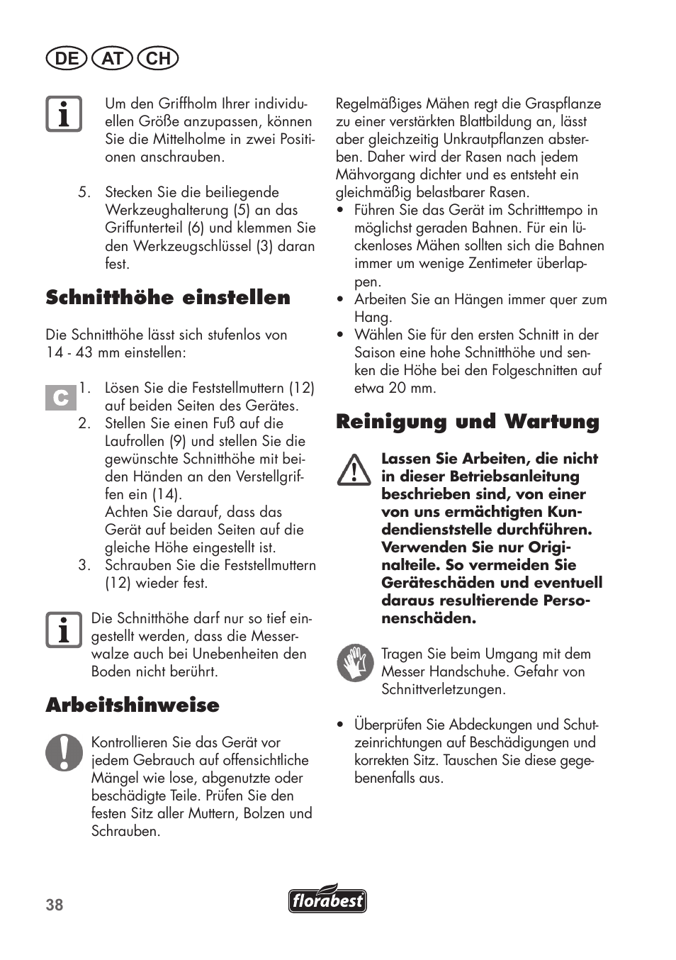 Schnitthöhe einstellen, Arbeitshinweise, Reinigung und wartung | De at ch | Florabest FHM 38 A1 User Manual | Page 38 / 46