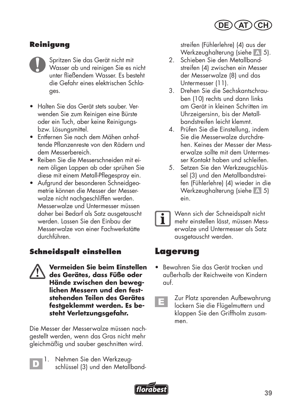 Lagerung, De at ch | Florabest FHM 38 A1 User Manual | Page 39 / 46