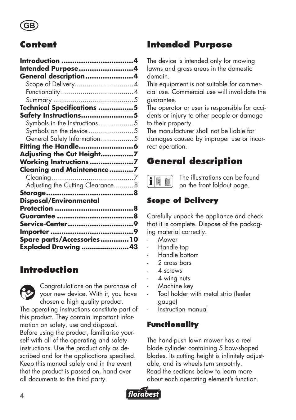 Intended purpose, General description, Content | Introduction | Florabest FHM 38 A1 User Manual | Page 4 / 46