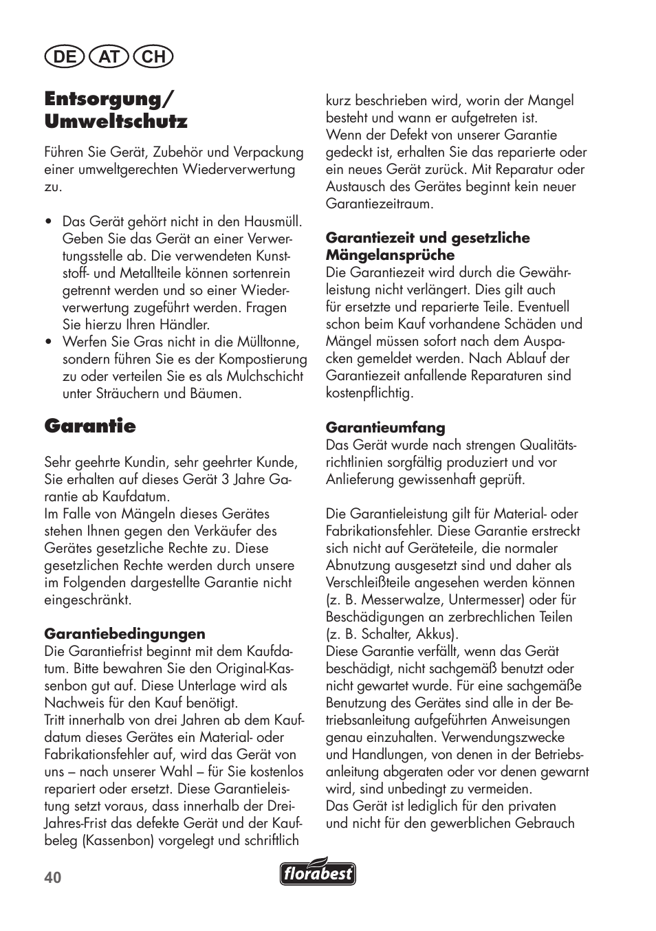 Entsorgung/ umweltschutz, Garantie, De at ch | Florabest FHM 38 A1 User Manual | Page 40 / 46