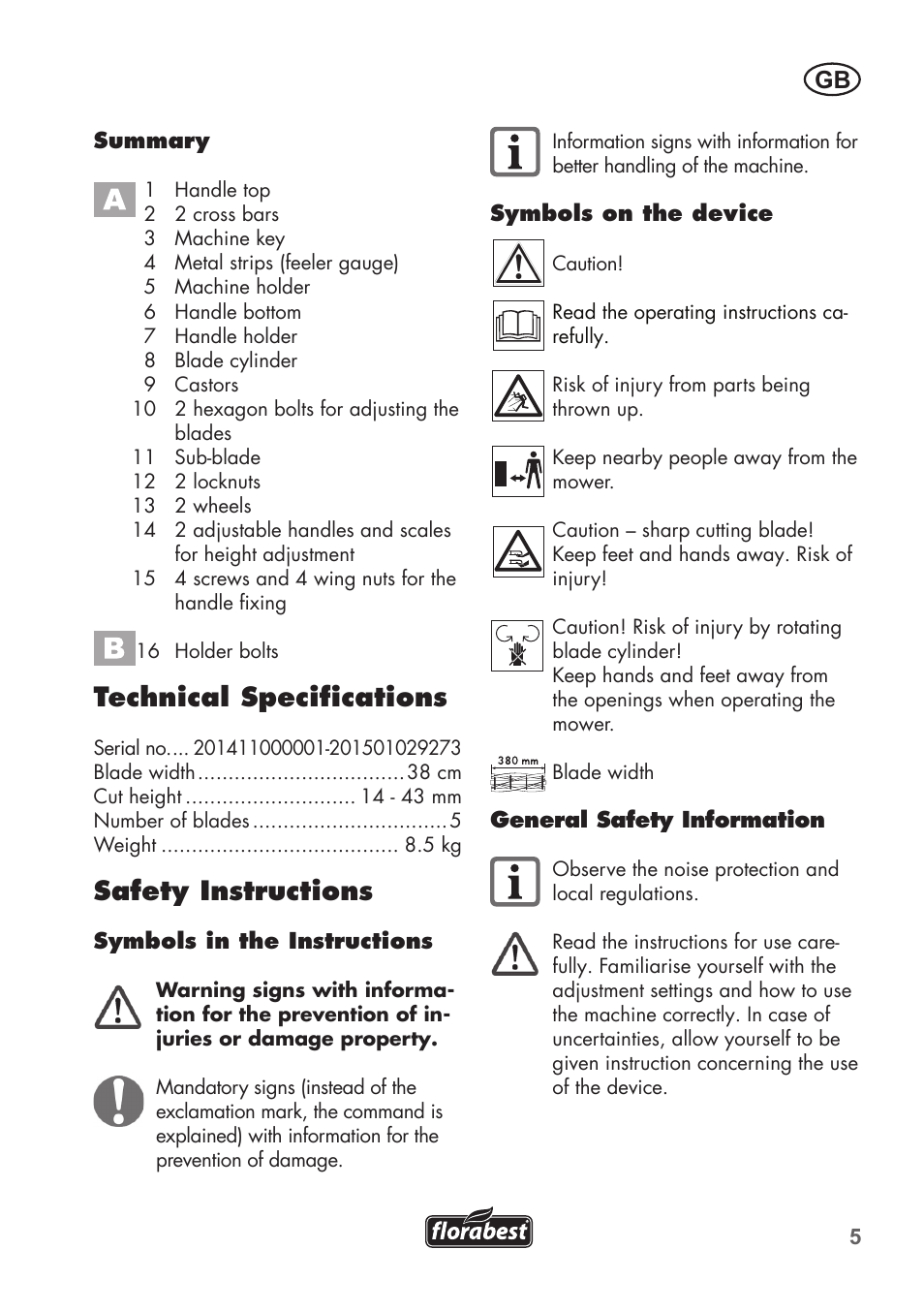 Technical specifications, Safety instructions | Florabest FHM 38 A1 User Manual | Page 5 / 46