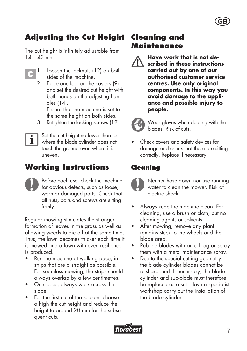 Adjusting the cut height, Working instructions, Cleaning and maintenance | Florabest FHM 38 A1 User Manual | Page 7 / 46