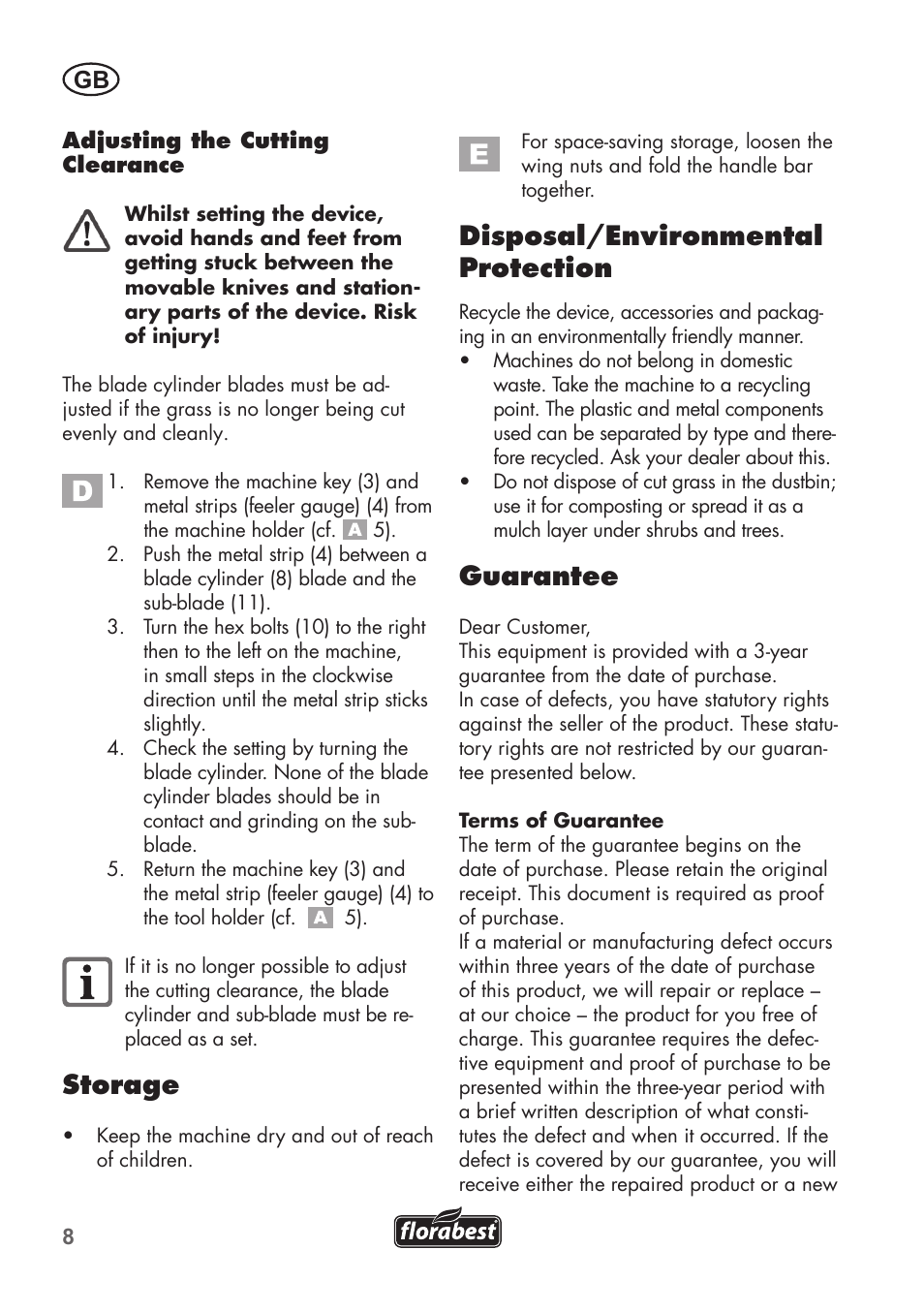 Storage, Disposal/environmental protection, Guarantee | Florabest FHM 38 A1 User Manual | Page 8 / 46