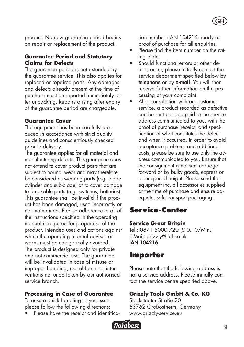 Service-center, Importer | Florabest FHM 38 A1 User Manual | Page 9 / 46