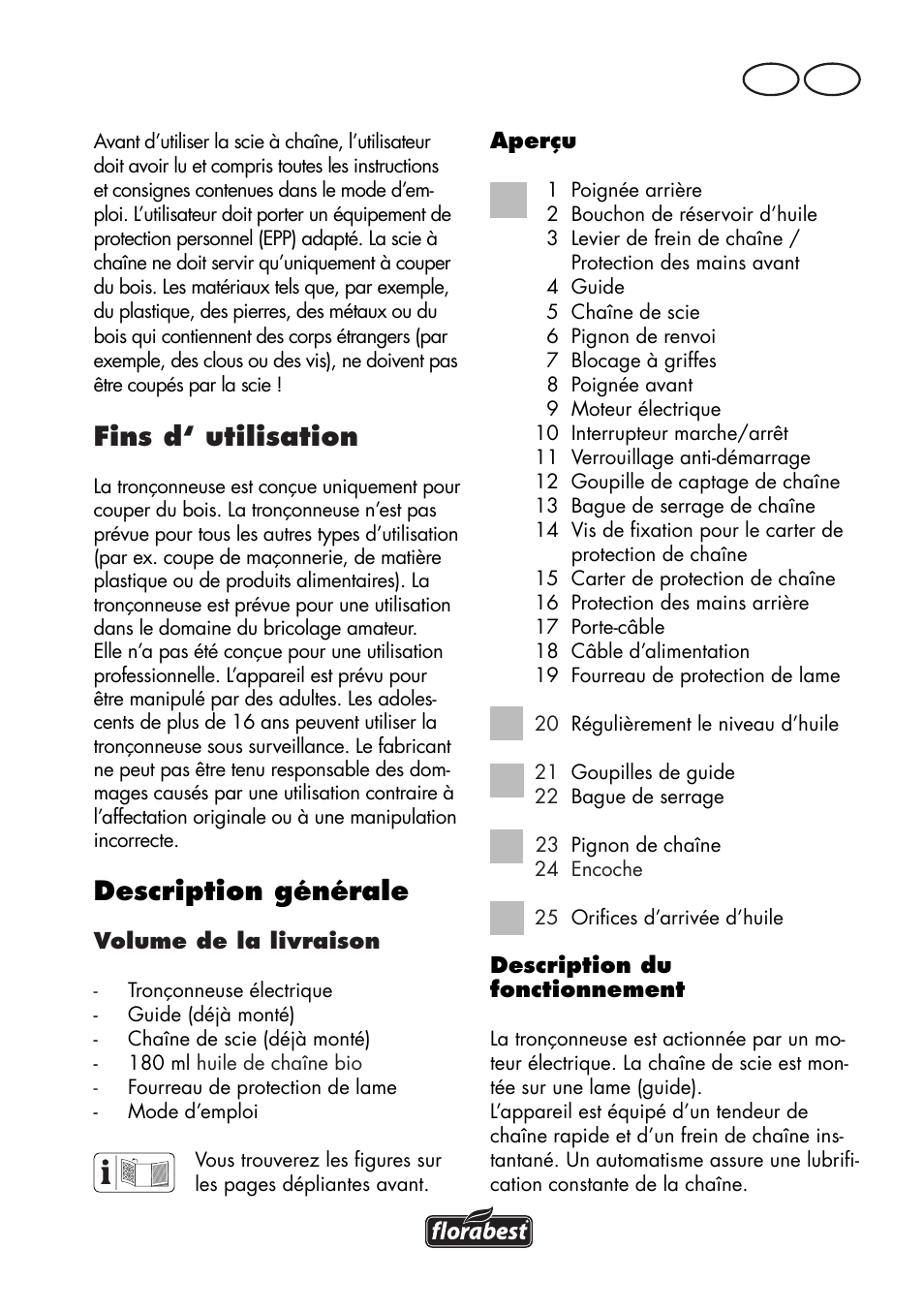 Fins d‘ utilisation, Description générale, Ch fr | Florabest FKS 2200 D2 User Manual | Page 29 / 100