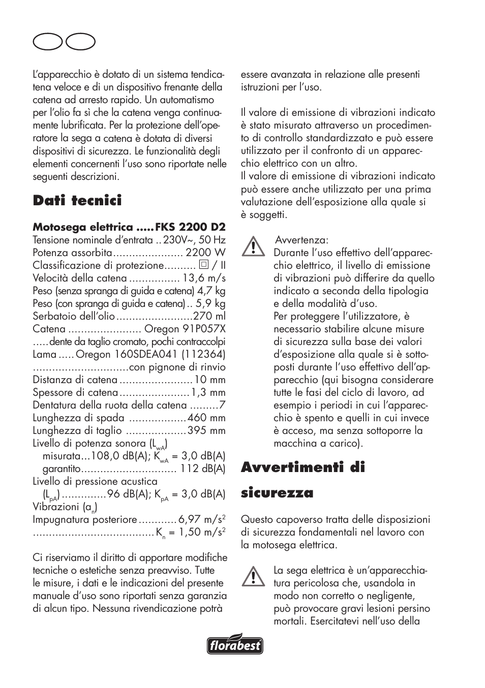 Dati tecnici, Avvertimenti di sicurezza, It ch | Florabest FKS 2200 D2 User Manual | Page 52 / 100