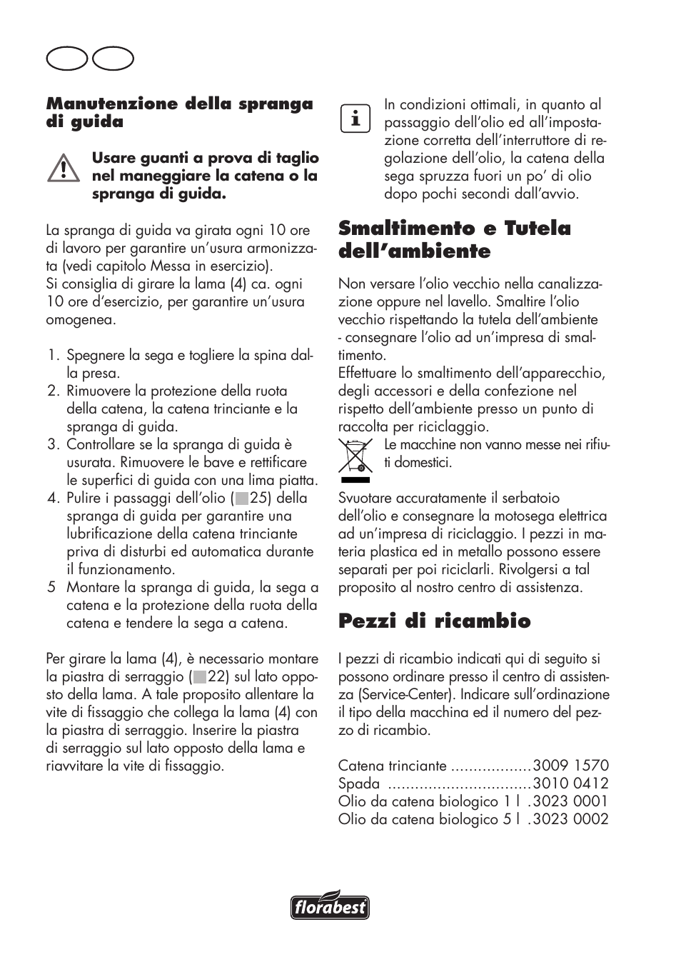 Smaltimento e tutela dell’ambiente, Pezzi di ricambio, It ch | Florabest FKS 2200 D2 User Manual | Page 70 / 100