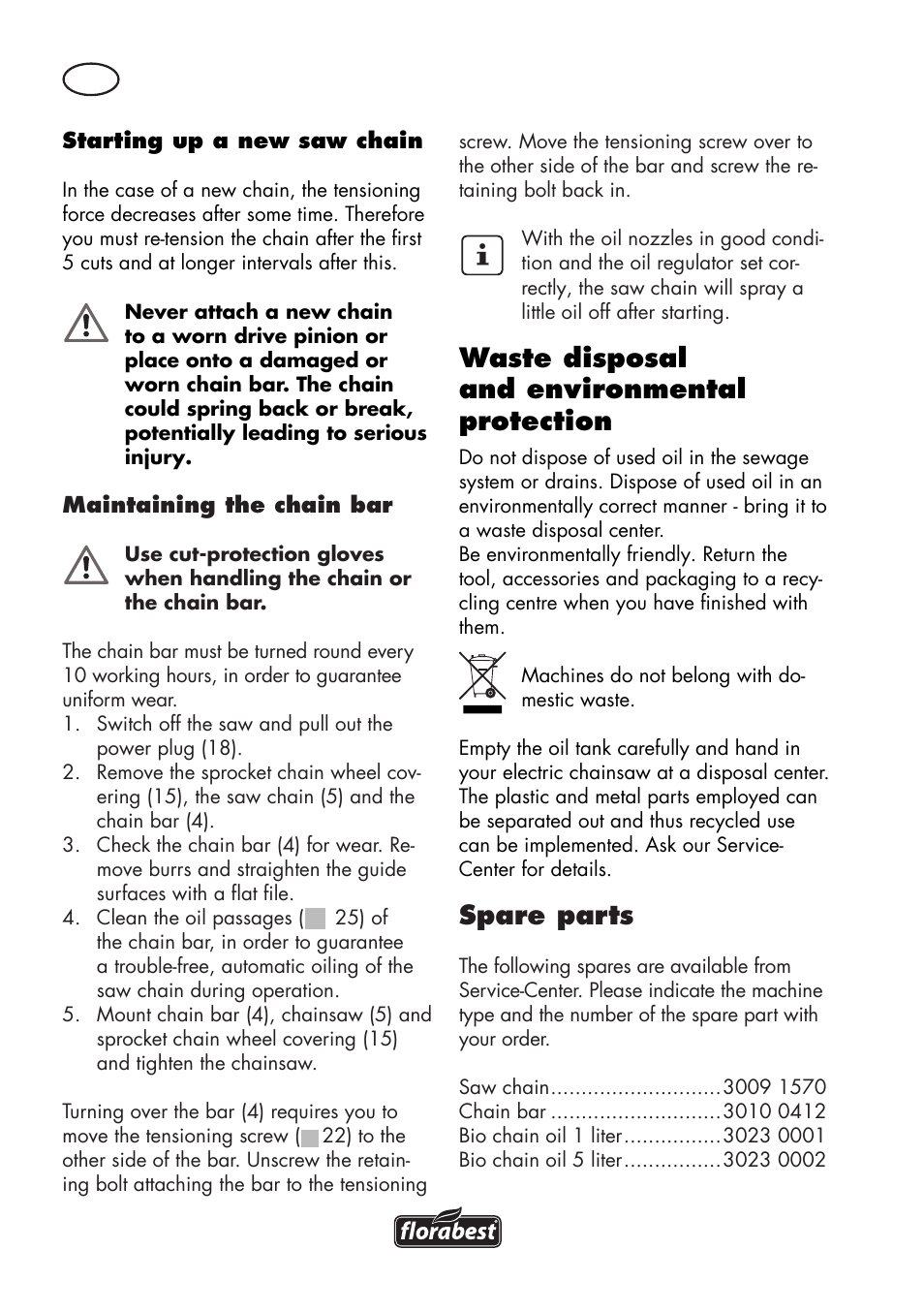 Waste disposal and environmental protection, Spare parts | Florabest FKS 2200 D2 User Manual | Page 92 / 100
