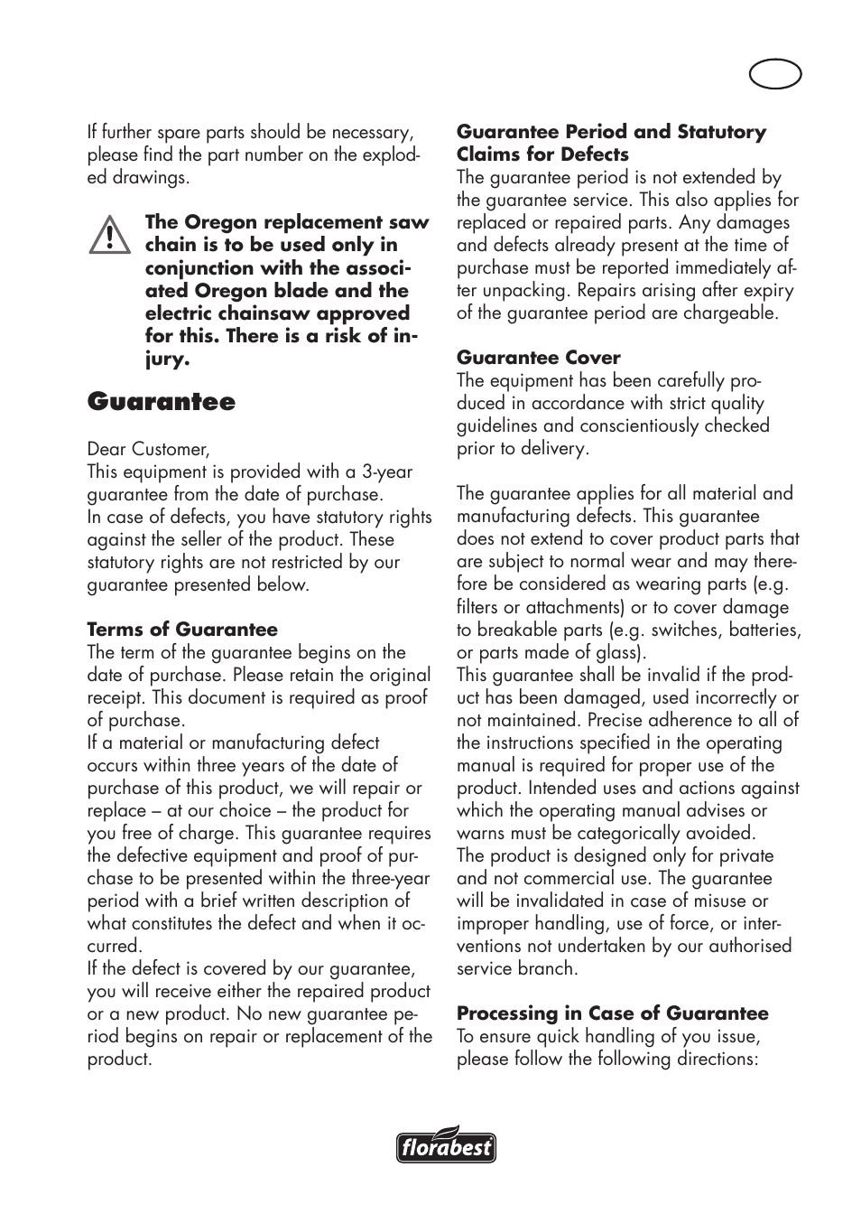 Guarantee | Florabest FKS 2200 D2 User Manual | Page 93 / 100