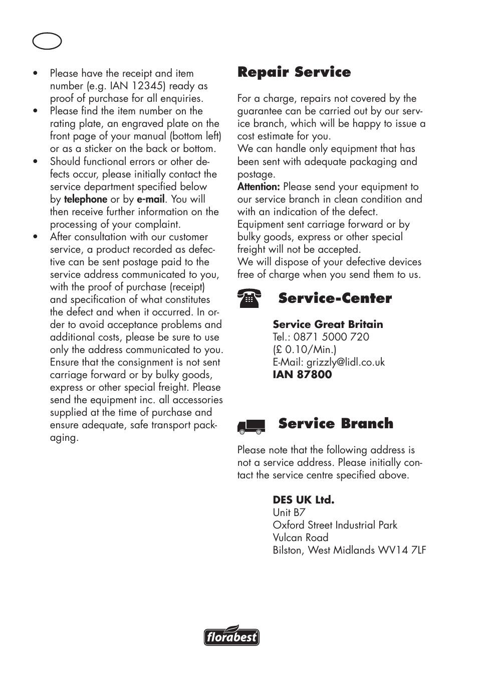 Repair service, Service-center, Service branch | Florabest FKS 2200 D2 User Manual | Page 94 / 100