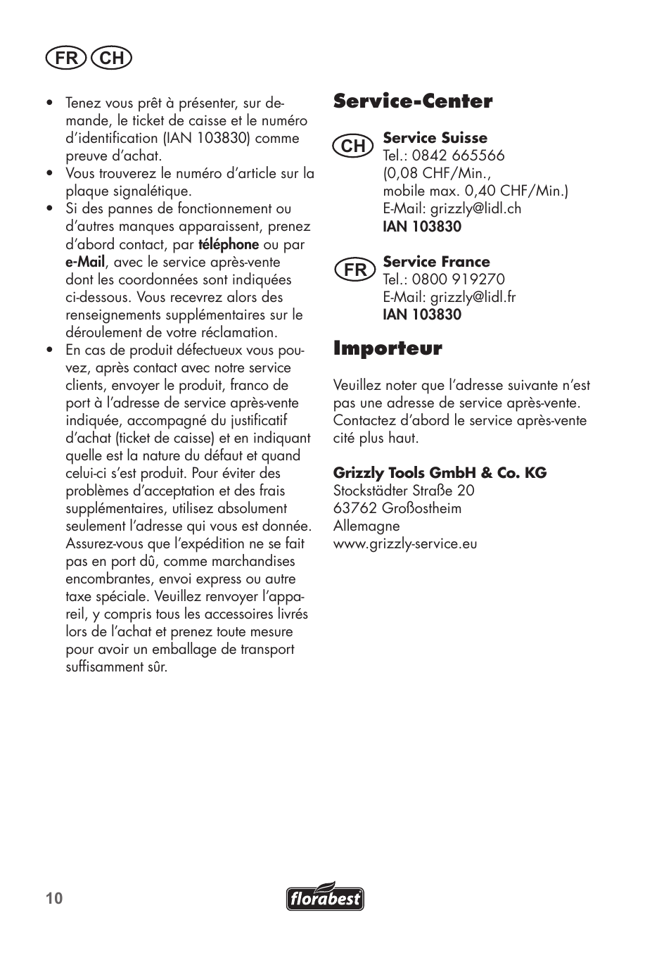 Service-center, Importeur, Fr ch | Ch fr | Florabest FHK15A1 User Manual | Page 10 / 20
