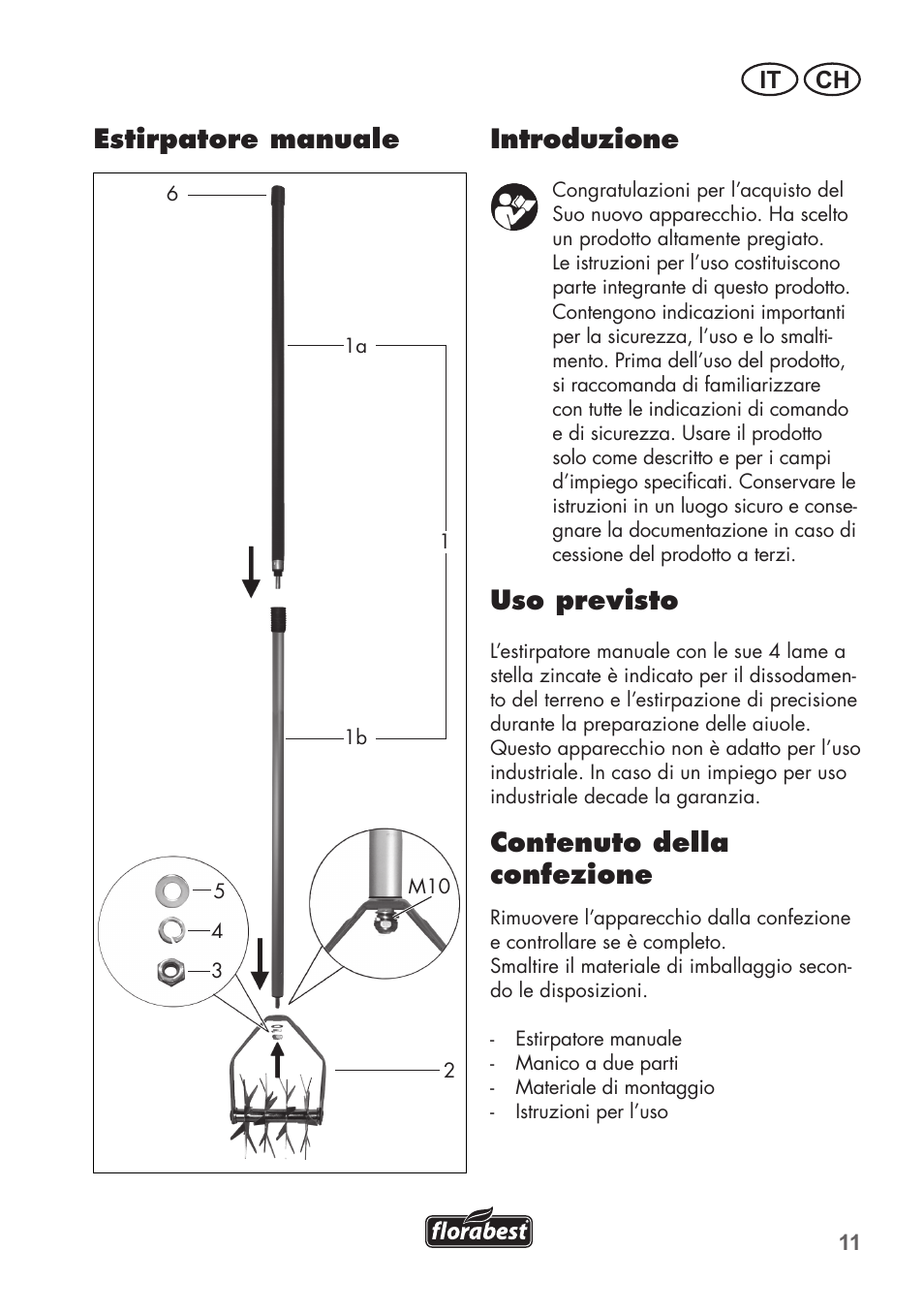 Introduzione, Uso previsto, Contenuto della confezione | Estirpatore manuale, It ch | Florabest FHK15A1 User Manual | Page 11 / 20