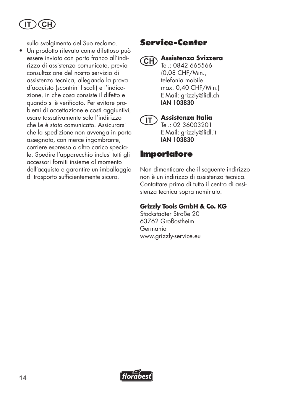 Service-center, Importatore, It ch | Ch it | Florabest FHK15A1 User Manual | Page 14 / 20