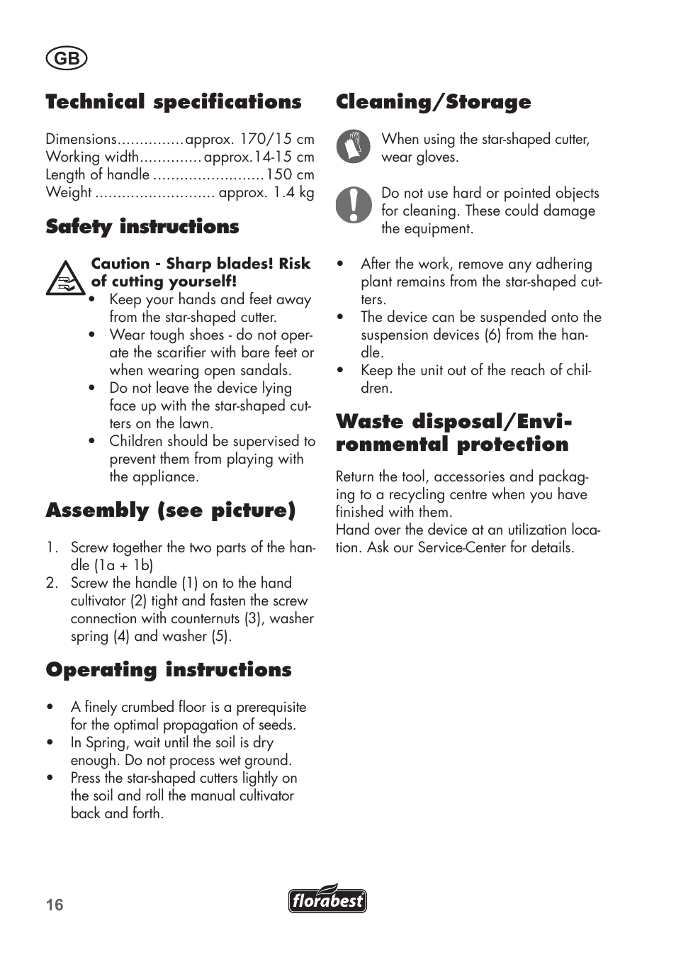 Technical specifications, Safety instructions, Assembly (see picture) | Operating instructions, Cleaning/storage, Waste disposal/envi- ronmental protection | Florabest FHK15A1 User Manual | Page 16 / 20