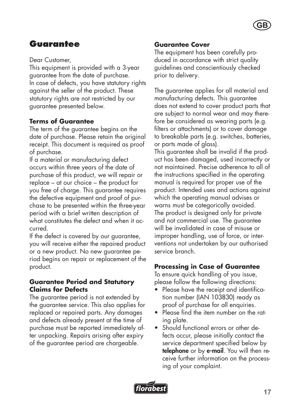 Guarantee | Florabest FHK15A1 User Manual | Page 17 / 20