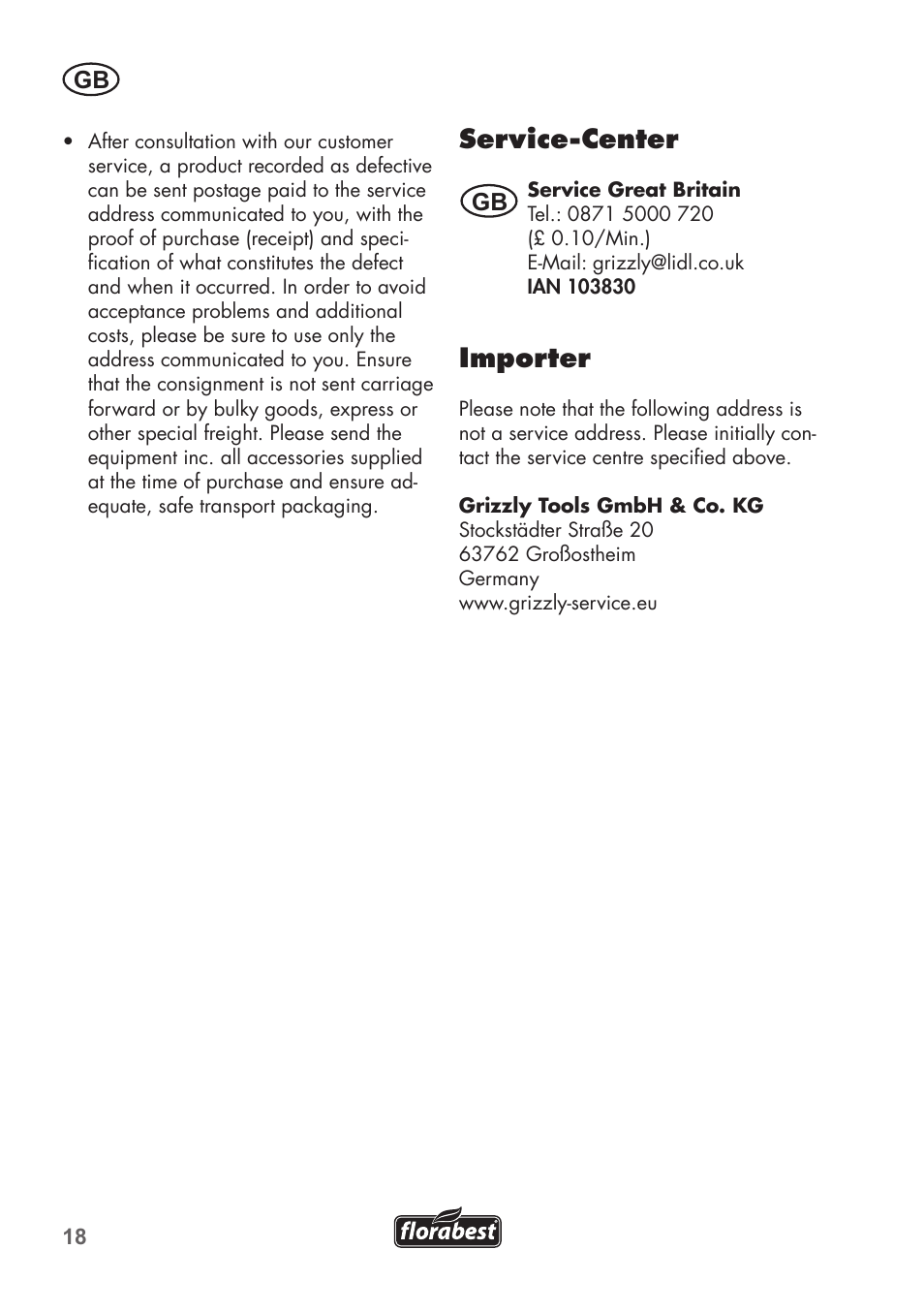 Service-center, Importer | Florabest FHK15A1 User Manual | Page 18 / 20