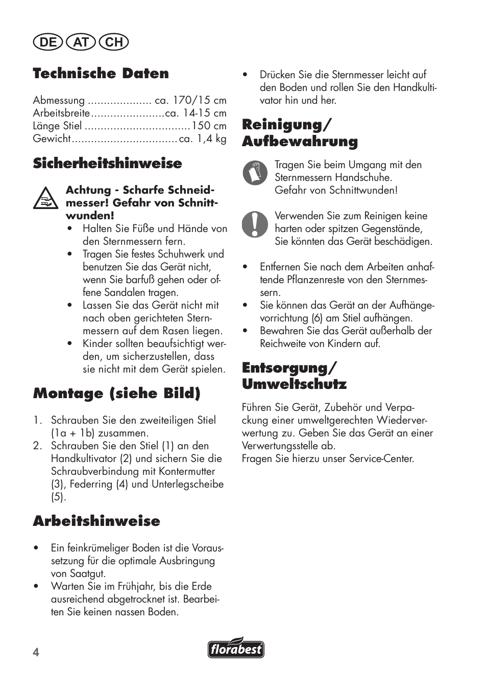 Technische daten, Sicherheitshinweise, Montage (siehe bild) | Arbeitshinweise, Reinigung/ aufbewahrung, Entsorgung/ umweltschutz, De at ch | Florabest FHK15A1 User Manual | Page 4 / 20