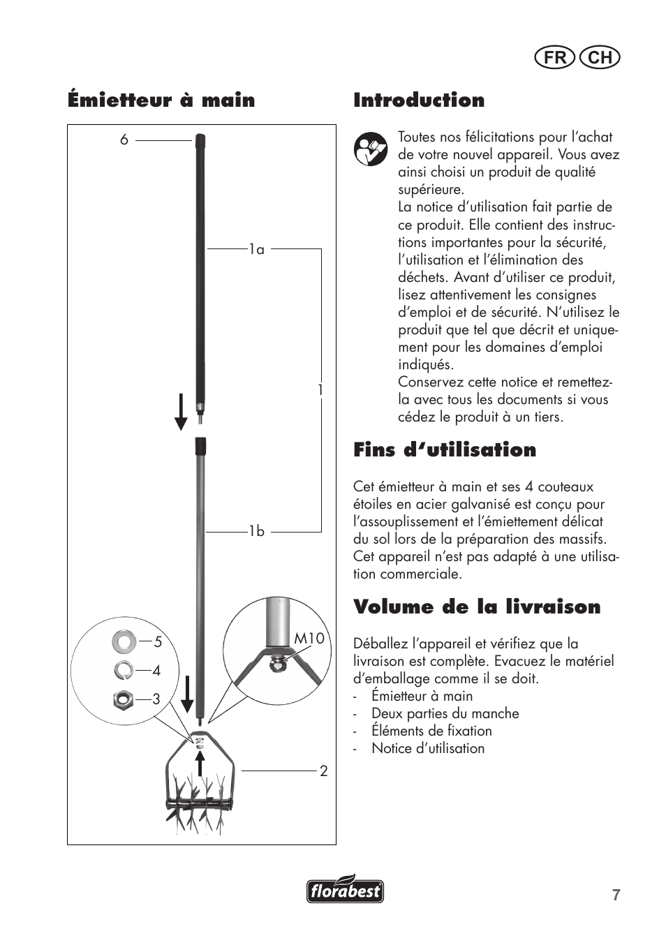 Introduction, Fins d‘utilisation, Volume de la livraison | Émietteur à main, Fr ch | Florabest FHK15A1 User Manual | Page 7 / 20