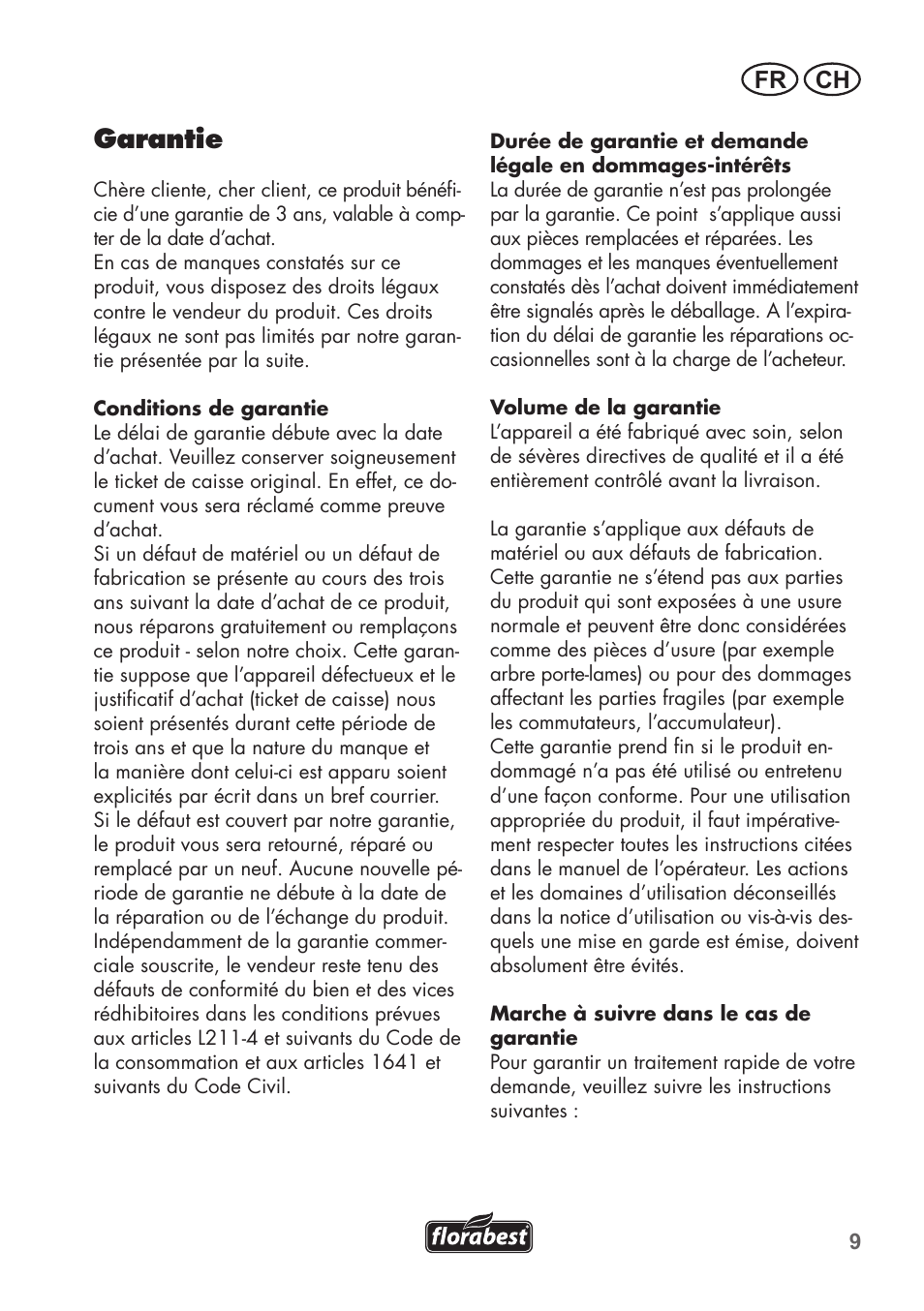 Garantie, Fr ch | Florabest FHK15A1 User Manual | Page 9 / 20