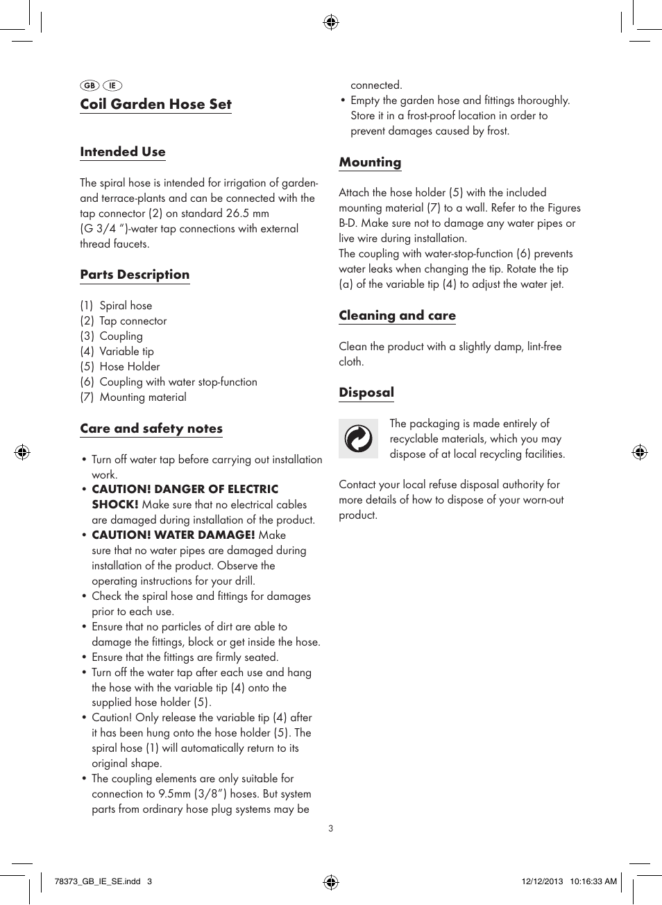 Coil garden hose set | Florabest Z31962 User Manual | Page 3 / 12