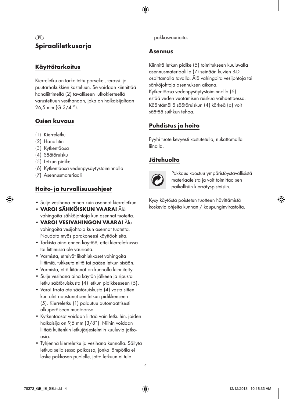 Spiraaliletkusarja | Florabest Z31962 User Manual | Page 4 / 12