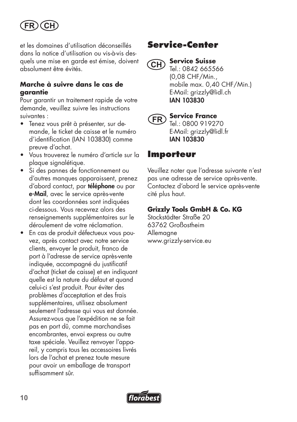 Service-center, Importeur, Fr ch | Ch fr | Florabest FHV 32 A1 User Manual | Page 10 / 20