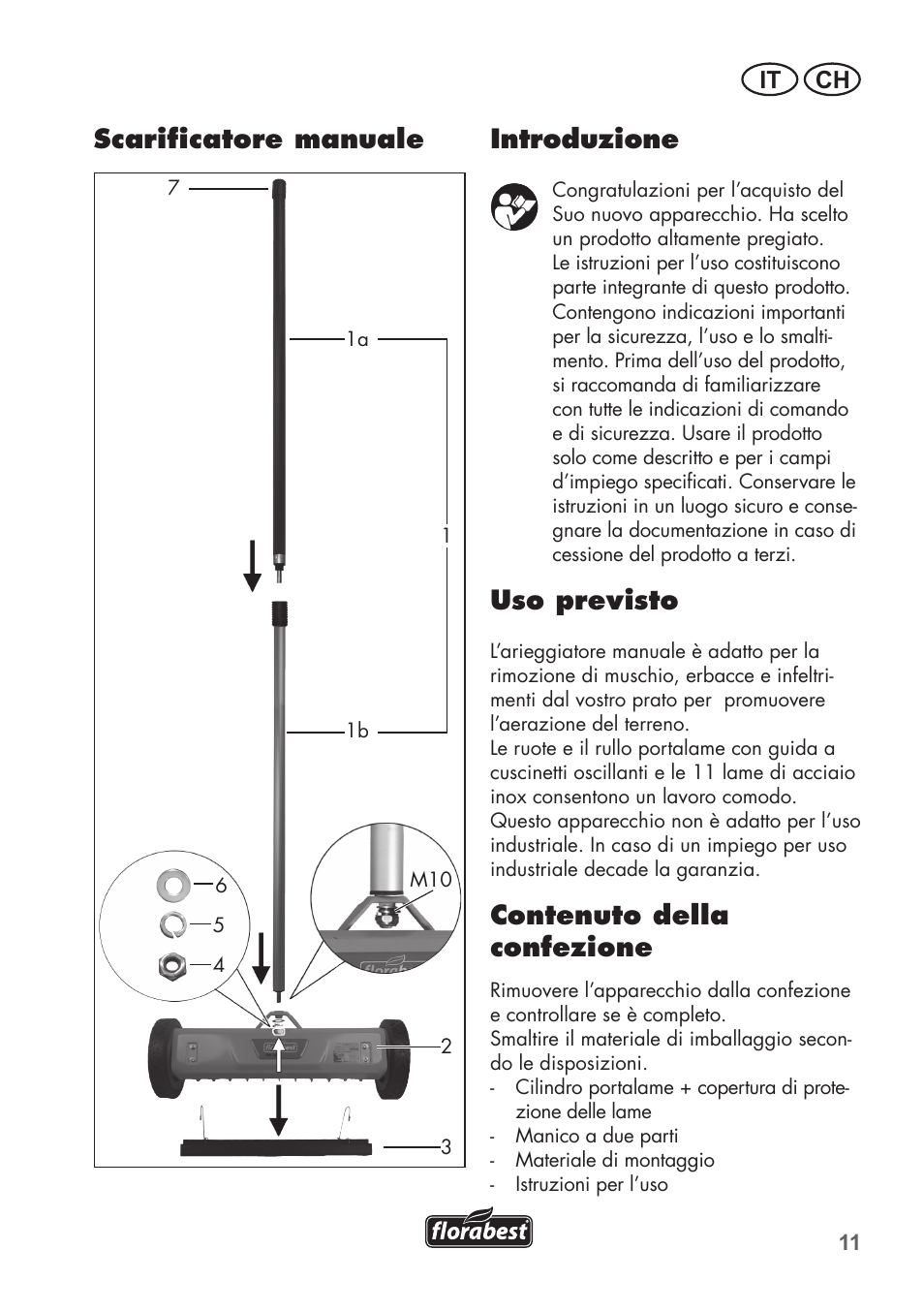 Introduzione, Uso previsto, Contenuto della confezione | Scarificatore manuale, It ch | Florabest FHV 32 A1 User Manual | Page 11 / 20