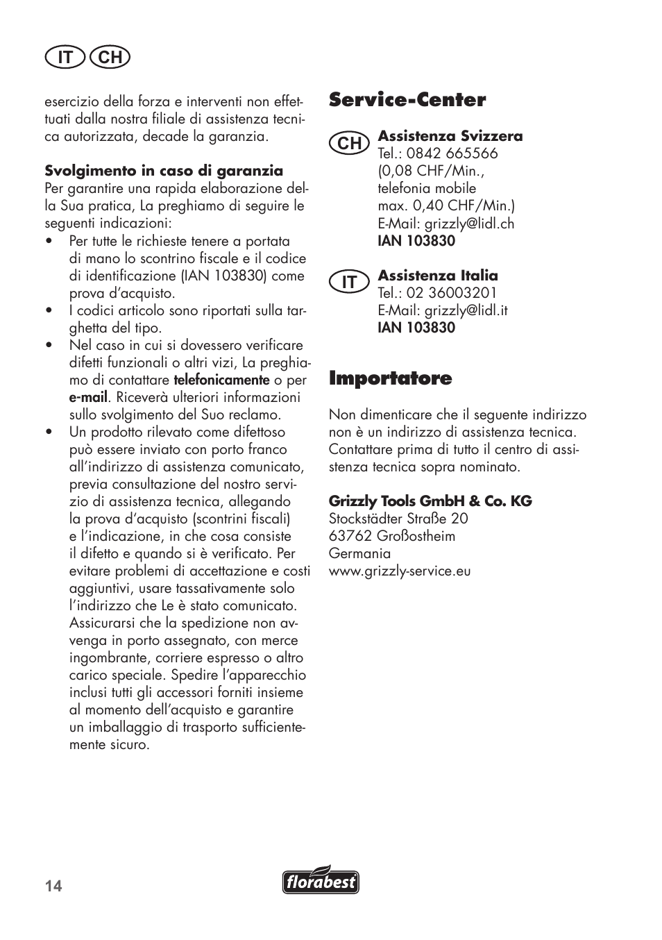 Service-center, Importatore, It ch | Ch it | Florabest FHV 32 A1 User Manual | Page 14 / 20