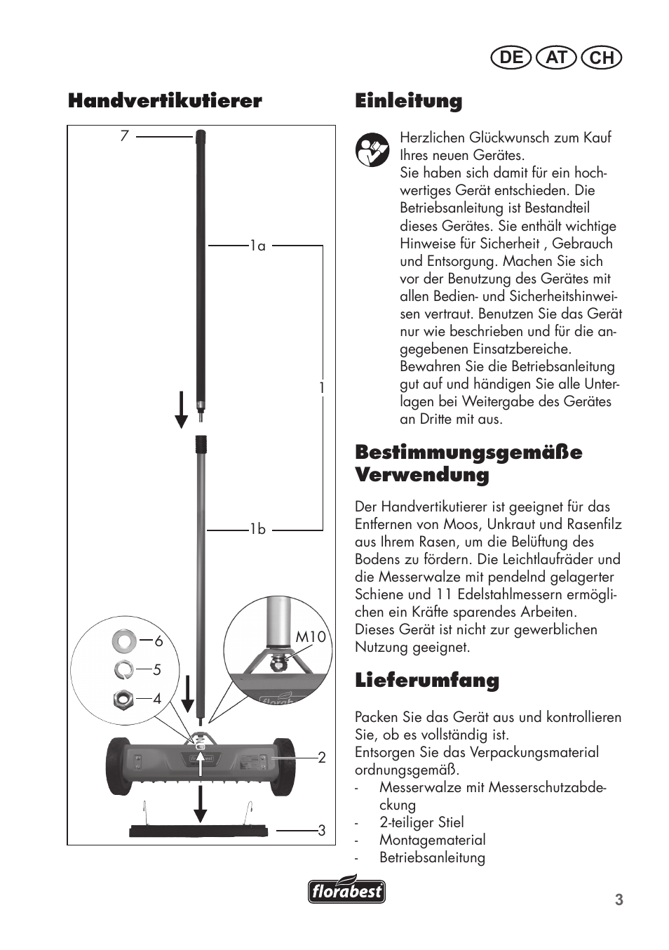 Einleitung, Bestimmungsgemäße verwendung, Lieferumfang | Handvertikutierer, De at ch | Florabest FHV 32 A1 User Manual | Page 3 / 20