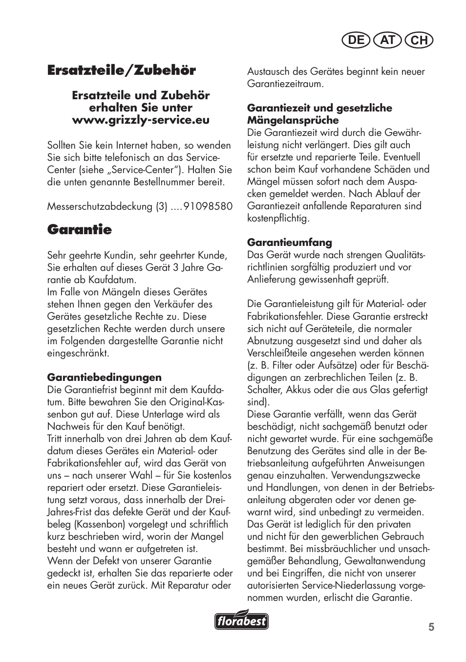 Ersatzteile/zubehör, Garantie, De at ch | Florabest FHV 32 A1 User Manual | Page 5 / 20