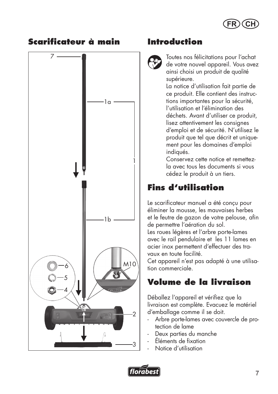 Introduction, Fins d‘utilisation, Volume de la livraison | Scarificateur à main, Fr ch | Florabest FHV 32 A1 User Manual | Page 7 / 20