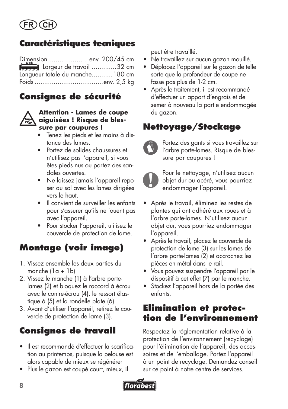 Caractéristiques tecniques, Consignes de sécurité, Montage (voir image) | Consignes de travail, Nettoyage/stockage, Elimination et protec- tion de l’environnement, Fr ch | Florabest FHV 32 A1 User Manual | Page 8 / 20