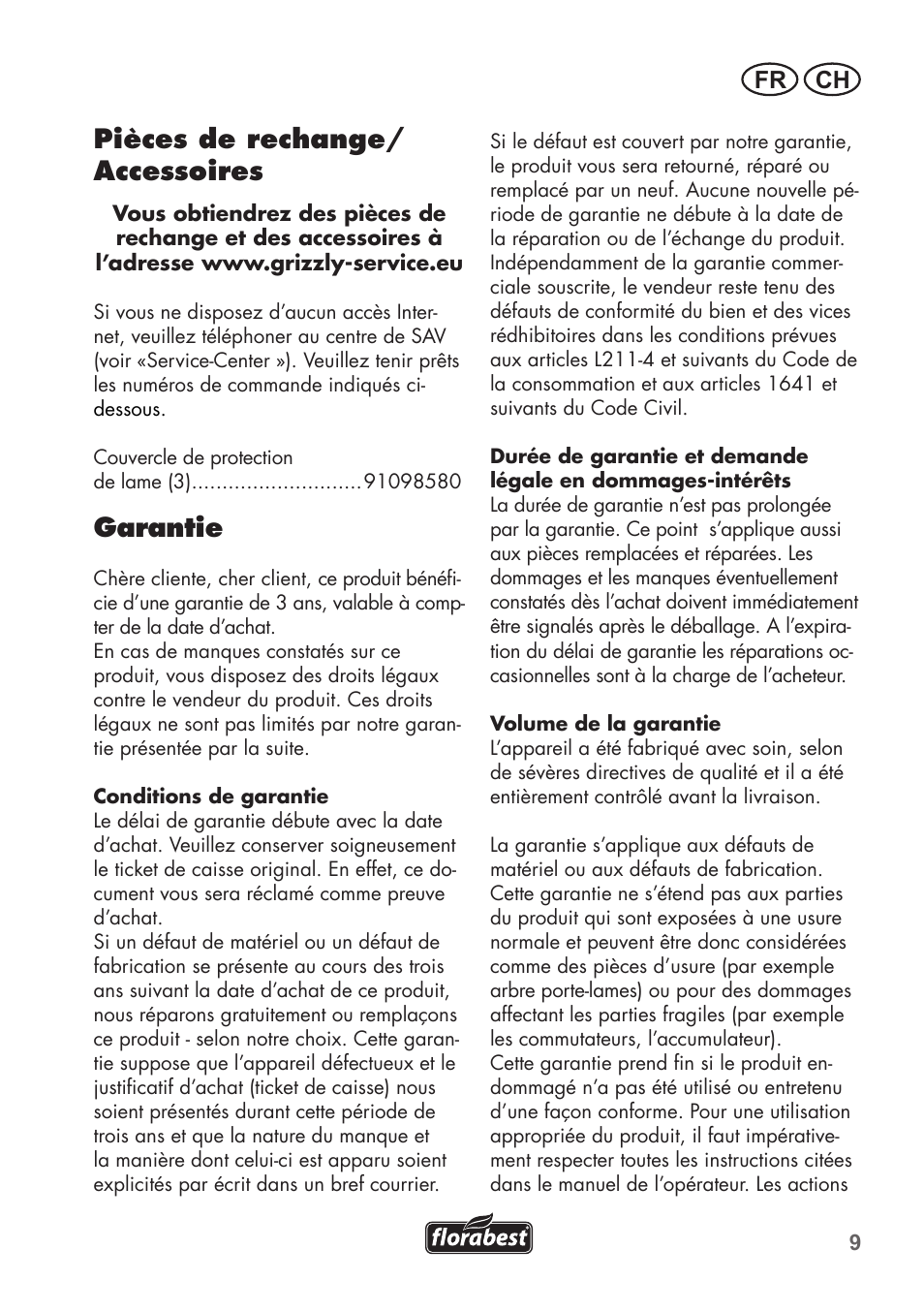 Pièces de rechange/ accessoires, Garantie, Fr ch | Florabest FHV 32 A1 User Manual | Page 9 / 20