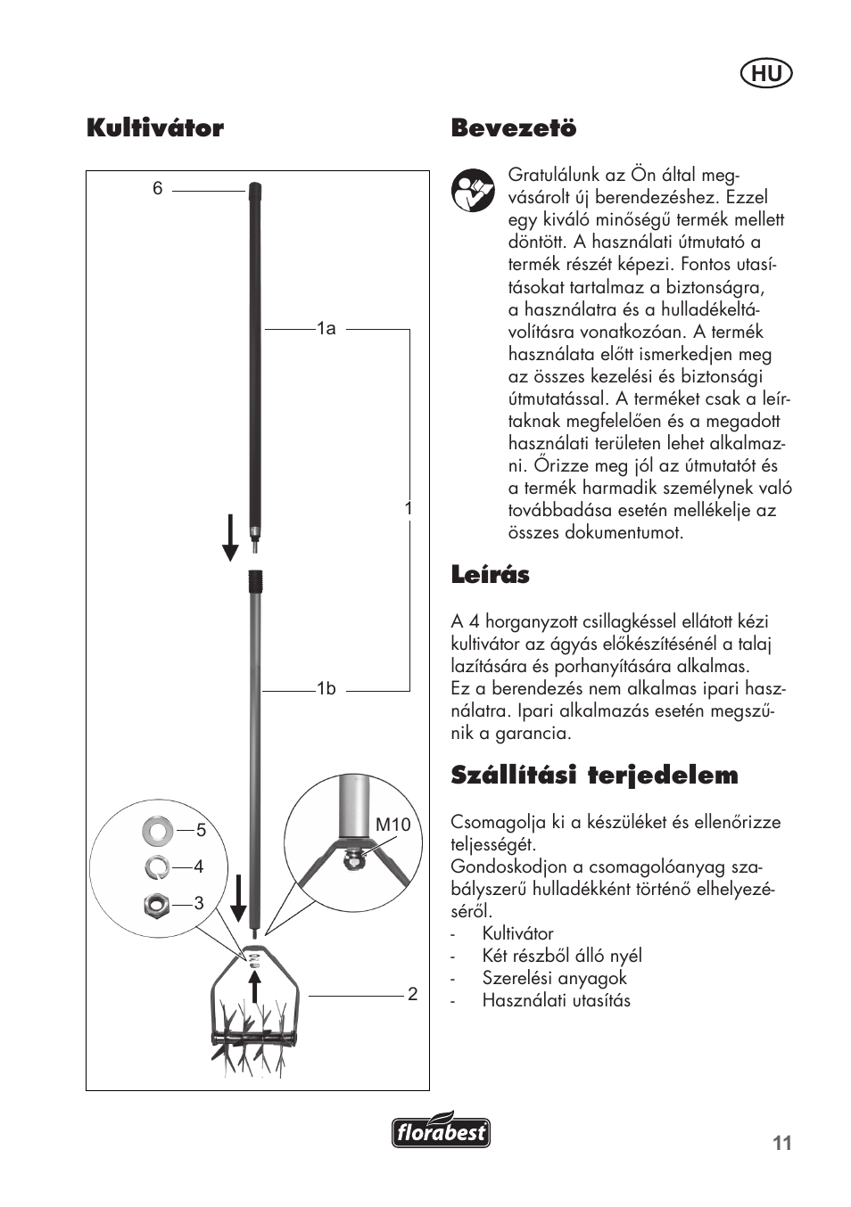 Bevezetö, Leírás, Szállítási terjedelem | Kultivátor | Florabest FHK15A1 User Manual | Page 11 / 24