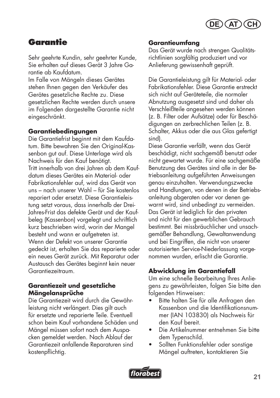 Garantie, De at ch | Florabest FHK15A1 User Manual | Page 21 / 24