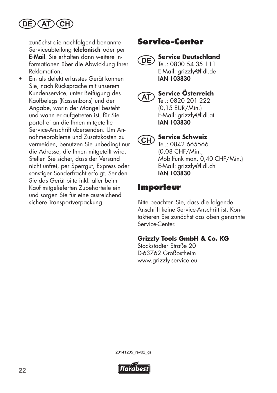 Service-center, Importeur, De at ch | Florabest FHK15A1 User Manual | Page 22 / 24