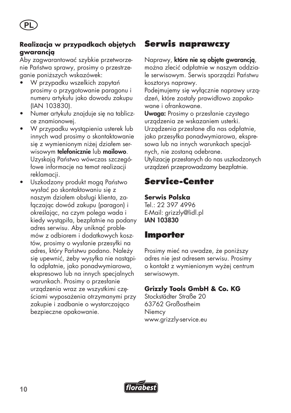 Serwis naprawczy, Service-center, Importer | Florabest FHV 32 A1 User Manual | Page 10 / 28