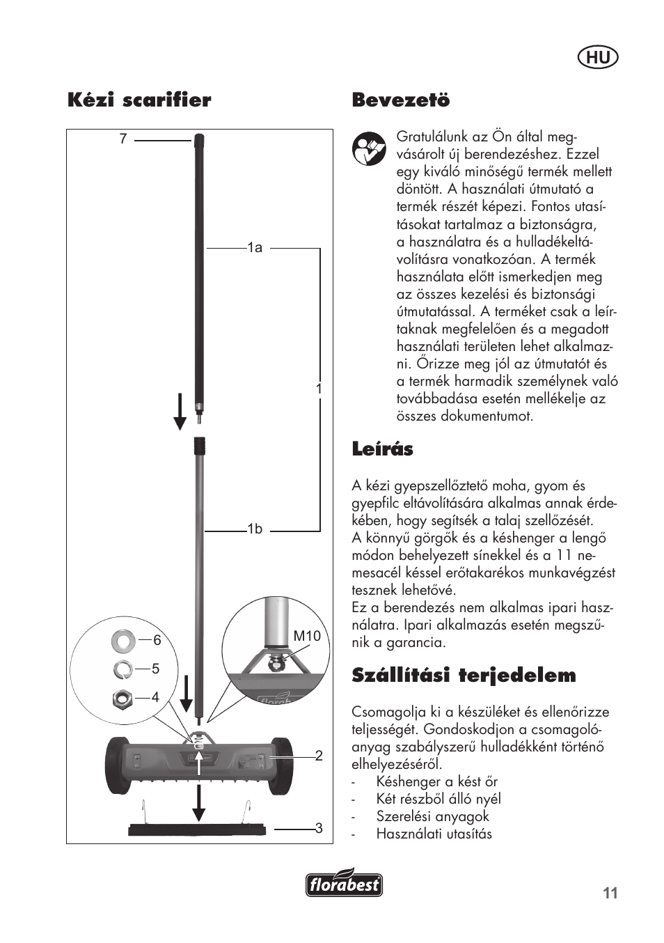 Bevezetö, Leírás, Szállítási terjedelem | Kézi scarifier | Florabest FHV 32 A1 User Manual | Page 11 / 28