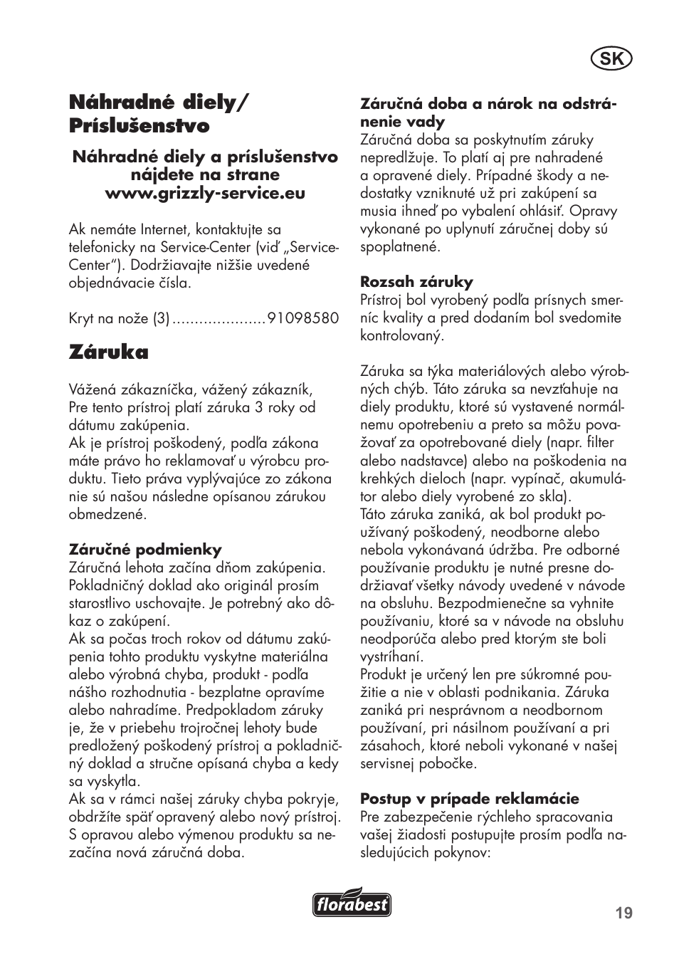 Náhradné diely/ príslušenstvo, Záruka | Florabest FHV 32 A1 User Manual | Page 19 / 28