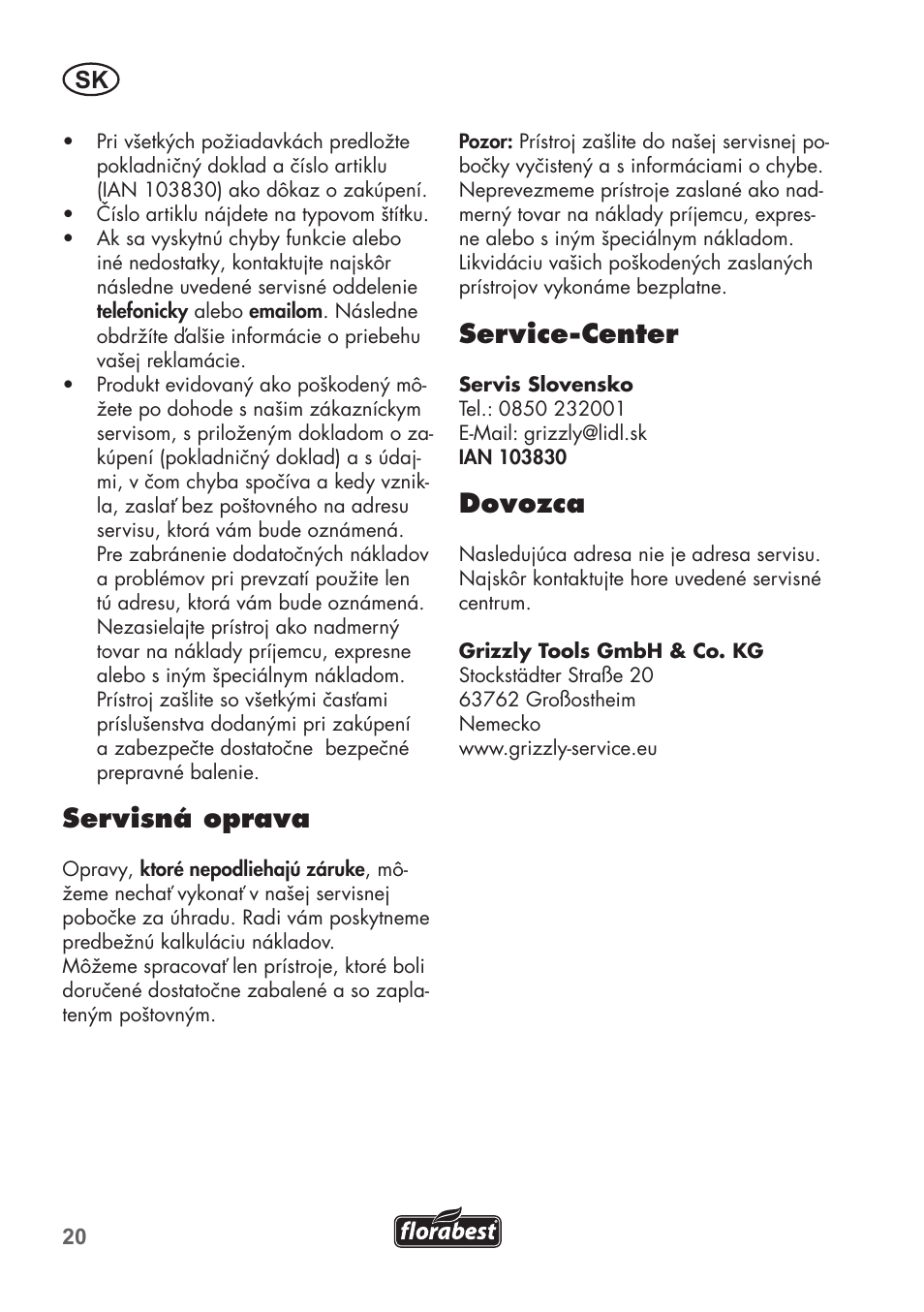 Servisná oprava, Service-center, Dovozca | Florabest FHV 32 A1 User Manual | Page 20 / 28