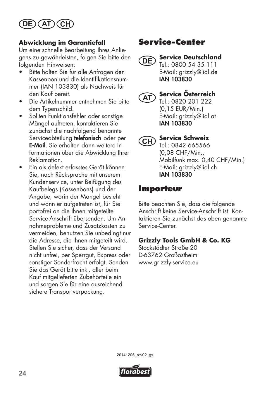 Service-center, Importeur, De at ch | Florabest FHV 32 A1 User Manual | Page 24 / 28