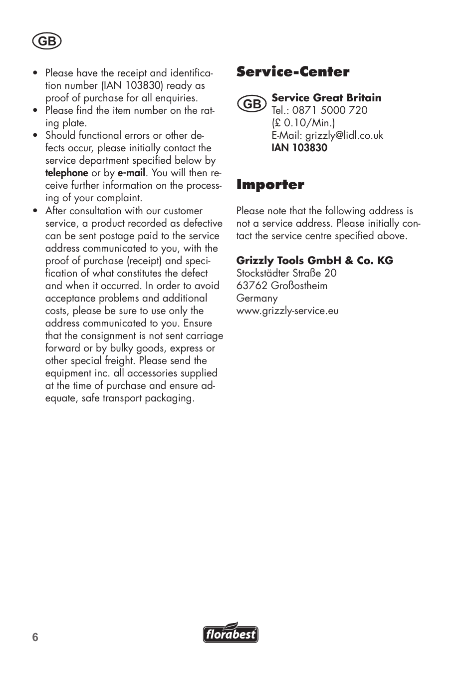 Service-center, Importer | Florabest FHV 32 A1 User Manual | Page 6 / 28