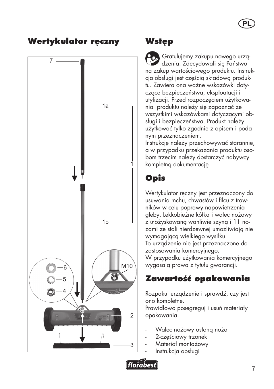 Wstęp, Opis, Zawartość opakowania | Wertykulator ręczny | Florabest FHV 32 A1 User Manual | Page 7 / 28