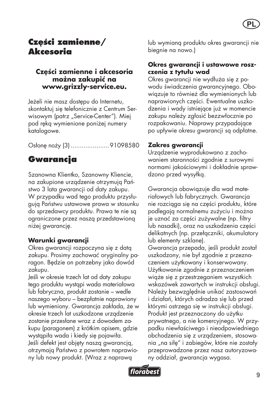 Części zamienne/ akcesoria, Gwarancja | Florabest FHV 32 A1 User Manual | Page 9 / 28