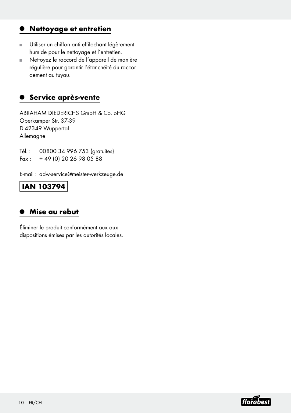 Nettoyage et entretien, Service après-vente | Florabest Garden Hose Set User Manual | Page 10 / 17