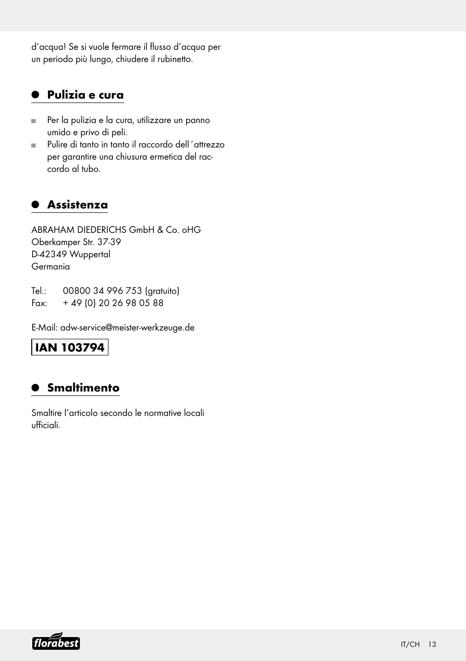 Pulizia e cura, Assistenza | Florabest Garden Hose Set User Manual | Page 13 / 17